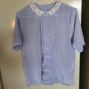 Lilac/Blue Handmade blouse with lace trim neckline and button back